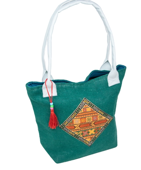 Large Green Shoulder Bag Made of Burlap with An Elegant Hand Embroidery Design