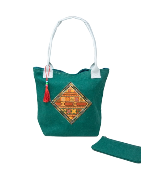 Large Green Shoulder Bag Made of Burlap with An Elegant Hand Embroidery Design