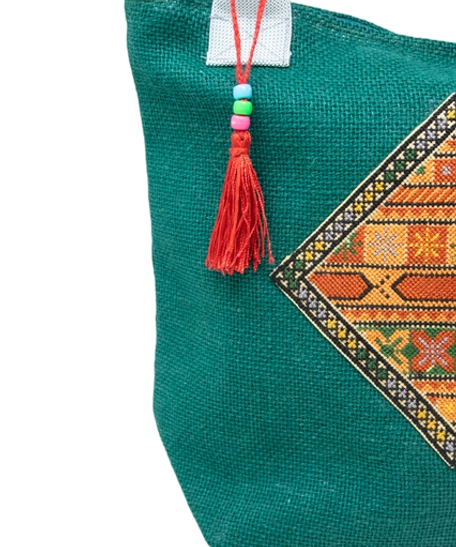 Large Green Shoulder Bag Made of Burlap with An Elegant Hand Embroidery Design