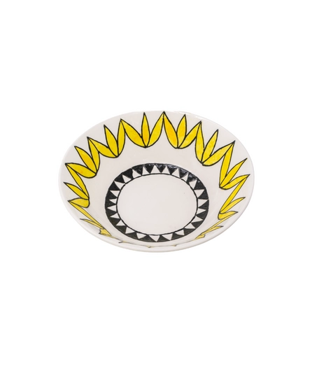 Deep white Bowl with Elaborate Hand-Painted Designs of Yellow and Black Roses and Triangles