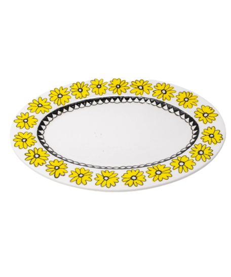 Handcrafted White Oval Serving Plate with Yellow and Black Rose Designs and Triangles