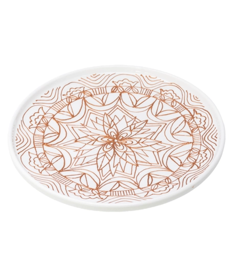 Large white circular serving dish decorated with geometric patterns and brown graphics