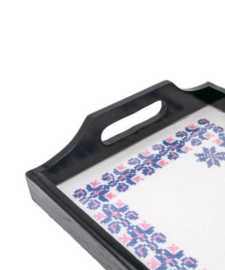 Wooden Black Tray Decorated with Elegant Hand Embroidery Pattern with Blue Threads