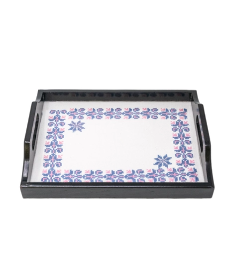 Wooden Black Tray Decorated with Elegant Hand Embroidery Pattern with Blue Threads