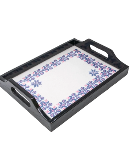 Wooden Black Tray Decorated with Elegant Hand Embroidery Pattern with Blue Threads