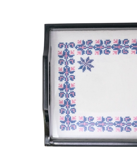 Wooden Black Tray Decorated with Elegant Hand Embroidery Pattern with Blue Threads