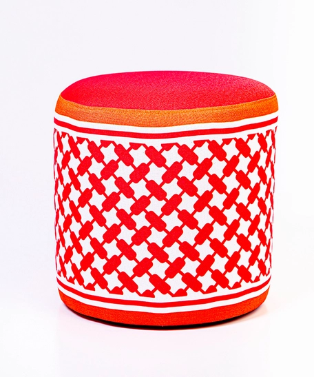 Traditional Living Room Furniture: Small Ottoman Pouf Decorated with Red & White Shemagh Pattern 