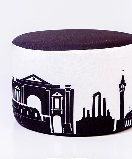 Large Black and White Round Pouf Decorated with a Design of The City of Amman