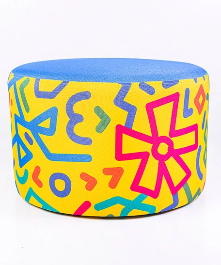 Vibrant Home Accessories: Large Yellow Round Ottoman Pouf Decorated With Colorful Patterns