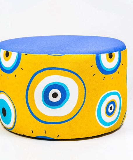 Large Round Ottoman Pouf in Yellow Color Decorated With Blue Eyes