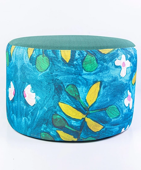 Large Round Ottoman Pouf With Floral Patterns in Blue and Green