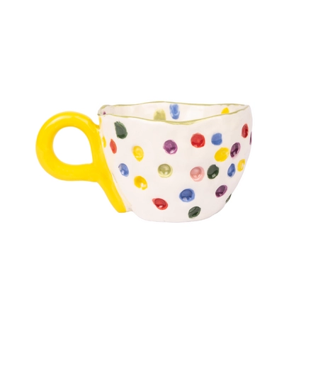 Lively White Ceramic Mug Decorated with Colorful Dots - Available in Two Colors  - Green