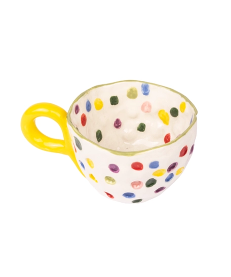 Lively White Ceramic Mug Decorated with Colorful Dots - Available in Two Colors  - Green