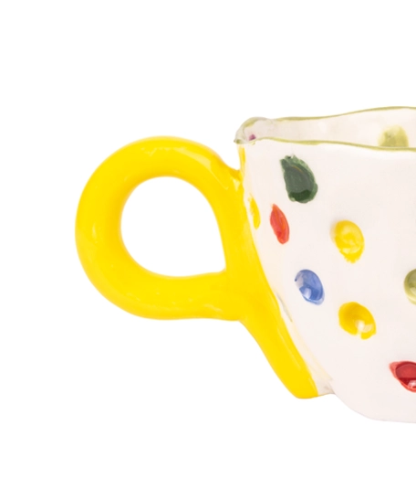 Lively White Ceramic Mug Decorated with Colorful Dots - Available in Two Colors  - Green