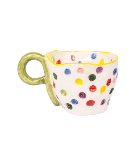 Lively White Ceramic Mug Decorated with Colorful Dots - Available in Two Colors  - Green