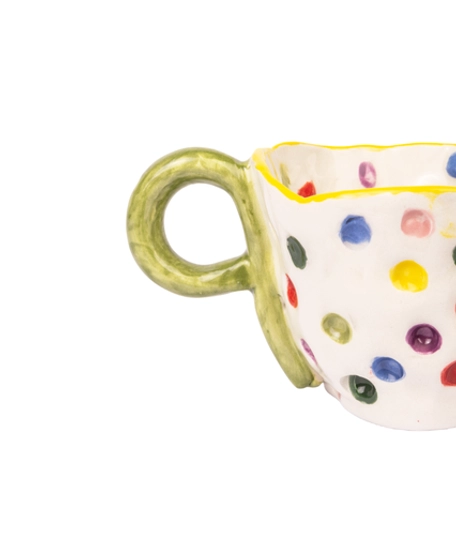 Lively White Ceramic Mug Decorated with Colorful Dots - Available in Two Colors  - Green