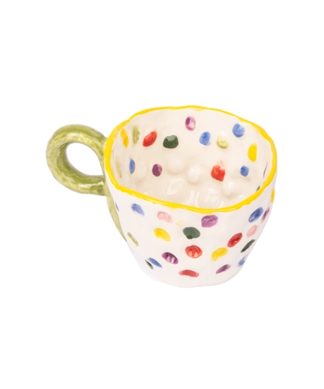 Lively White Ceramic Mug Decorated with Colorful Dots - Available in Two Colors  - Green