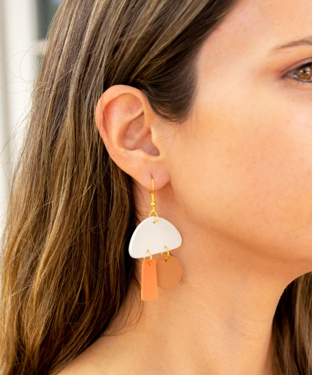 Handmade Golden Earrings Made of Stones in White, Beige, and Orange Colors