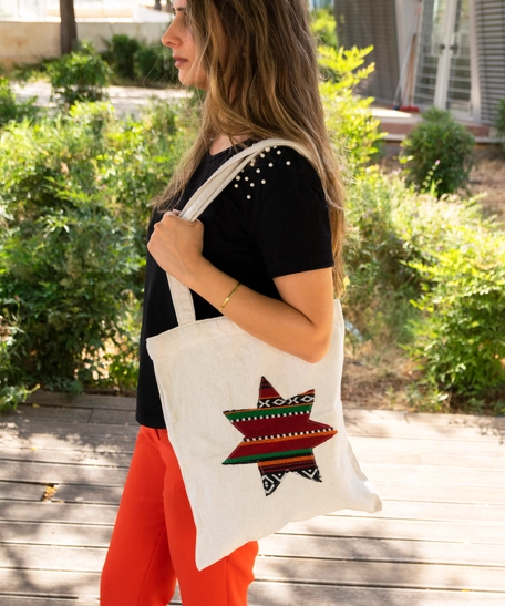 Beige Fabric Tote Bag Designed with The Jordanian Star, Decorated with Sadu Fabric