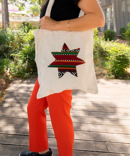 Beige Fabric Tote Bag Designed with The Jordanian Star, Decorated with Sadu Fabric