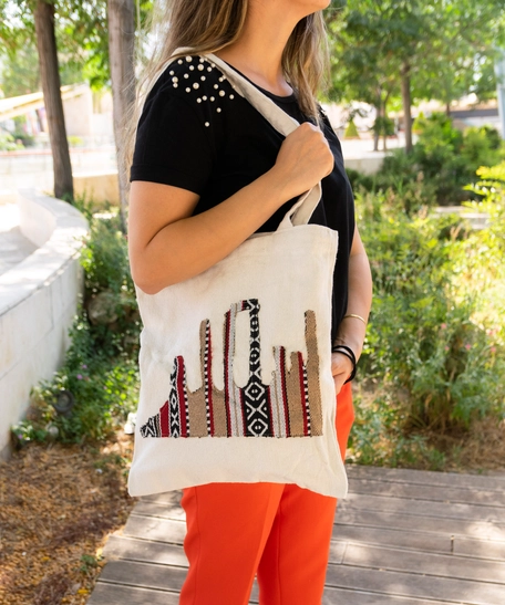 Hand-Woven Beige Canvas Tote-Bag with Jabal Al-Qal'a Design Decorated with Sadu Fabric