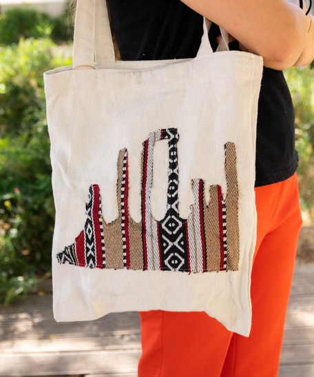 Hand-Woven Beige Canvas Tote-Bag with Jabal Al-Qal'a Design Decorated with Sadu Fabric