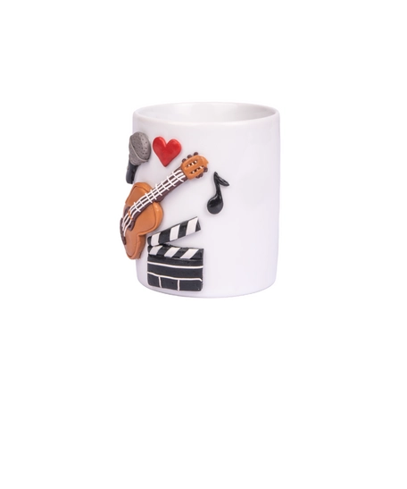 YOUR PERFECT PARTNER FOR FUN: White Mug Decorated with 3D Handcrafted Clay Musical Instruments Drawings