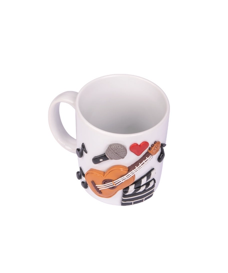 YOUR PERFECT PARTNER FOR FUN: White Mug Decorated with 3D Handcrafted Clay Musical Instruments Drawings