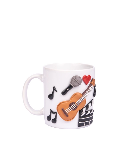 YOUR PERFECT PARTNER FOR FUN: White Mug Decorated with 3D Handcrafted Clay Musical Instruments Drawings