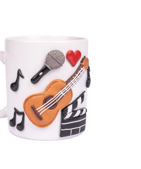 YOUR PERFECT PARTNER FOR FUN: White Mug Decorated with 3D Handcrafted Clay Musical Instruments Drawings