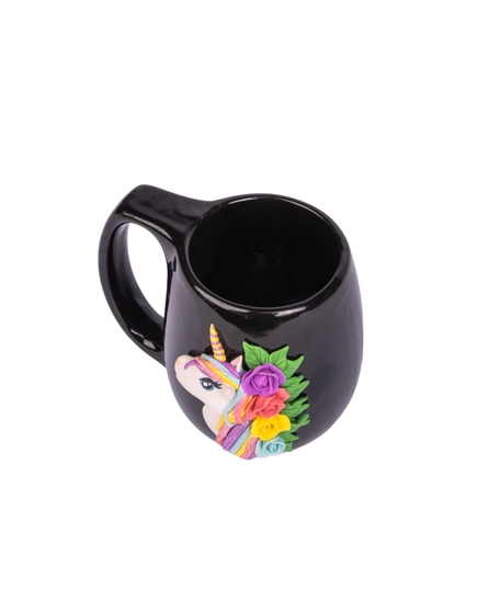 Unique Unicorn Mug: Black Cup Decorated with 3D Unicorn Horse and Colorful Flowers Handmade Clay