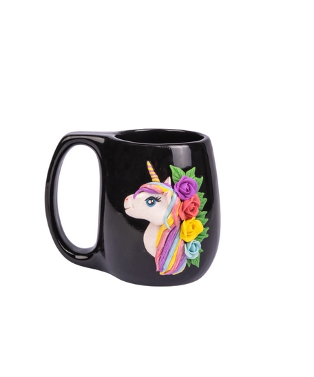 Unique Unicorn Mug: Black Cup Decorated with 3D Unicorn Horse and Colorful Flowers Handmade Clay