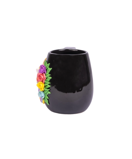 Unique Unicorn Mug: Black Cup Decorated with 3D Unicorn Horse and Colorful Flowers Handmade Clay