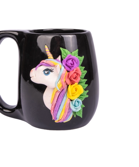 Unique Unicorn Mug: Black Cup Decorated with 3D Unicorn Horse and Colorful Flowers Handmade Clay