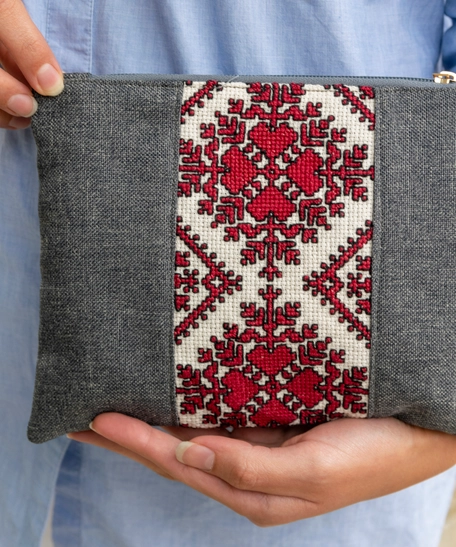 Gray Clutch Bag Decorated with Red and Beige Hand Embroidery