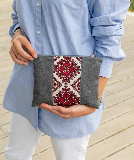 Gray Clutch Bag Decorated with Red and Beige Hand Embroidery