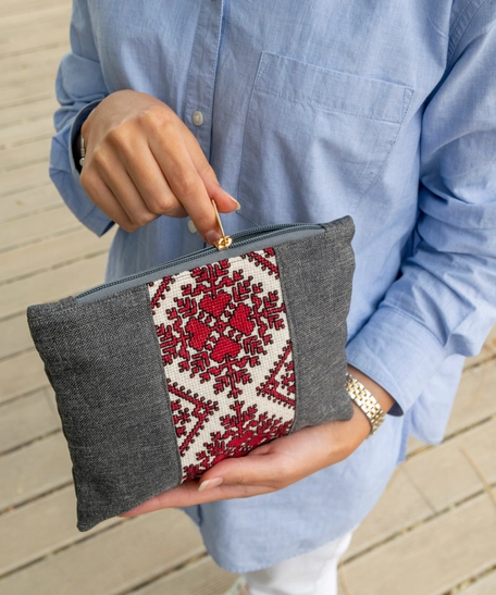 Gray Clutch Bag Decorated with Red and Beige Hand Embroidery