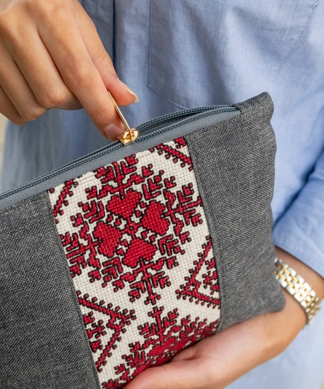 Gray Clutch Bag Decorated with Red and Beige Hand Embroidery