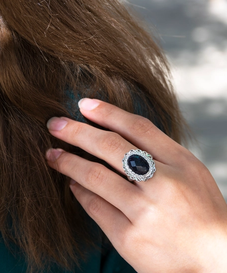 Silver 925 Set with Shiny Black Stone - Necklace, Earring, and Ring