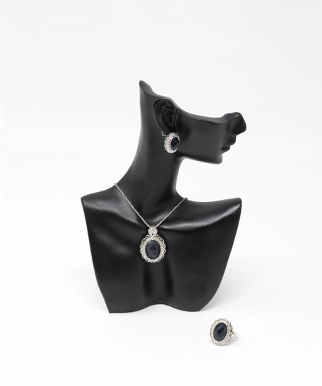 Silver 925 Set with Shiny Black Stone - Necklace, Earring, and Ring