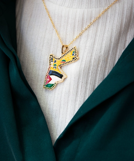 Stunning Gold Necklace featuring The Jordanian Map Pendant and Colorful Beads