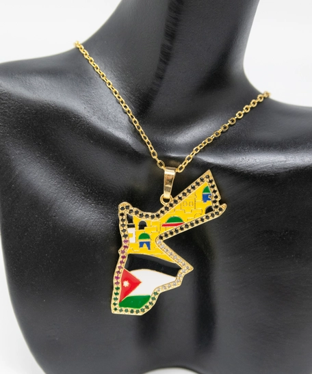 Stunning Gold Necklace featuring The Jordanian Map Pendant and Colorful Beads