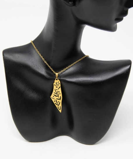 Golden Necklace with a Palestine Map Pendant Adorned with Wheat Ears