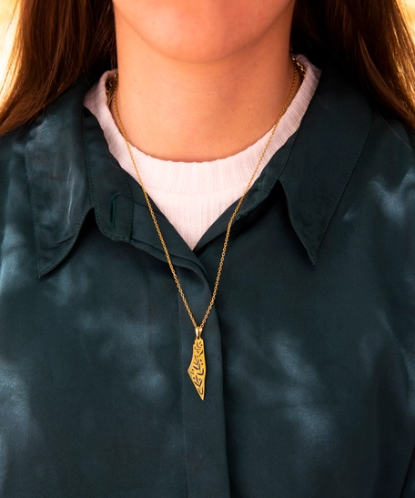 Golden Necklace with a Palestine Map Pendant Adorned with Wheat Ears