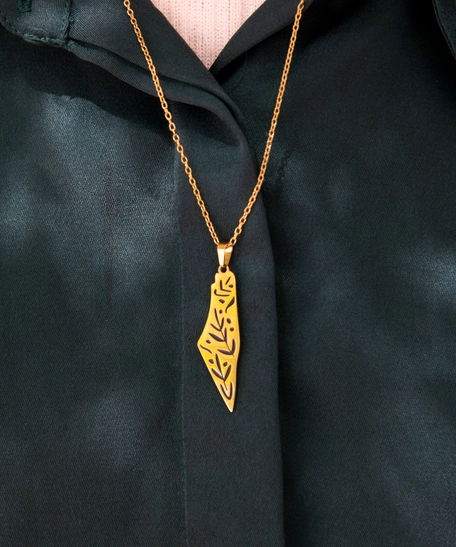 Golden Necklace with a Palestine Map Pendant Adorned with Wheat Ears