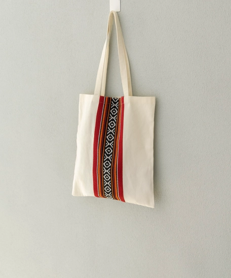 White Canvas Tote Bag Decorated with Sadu Fabric - Available in Two Colors