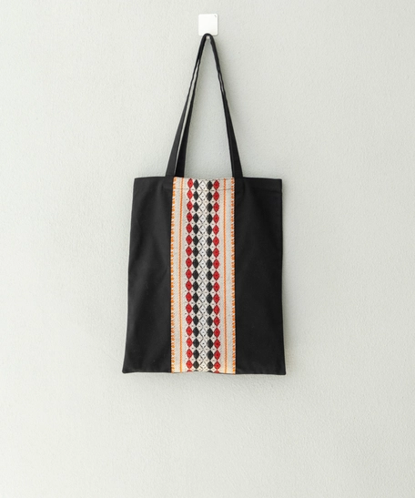 Black Fabric Tote Bag Decorated with Attractive Bedouin Details - Available in Three Designs - Black , Beige and orange