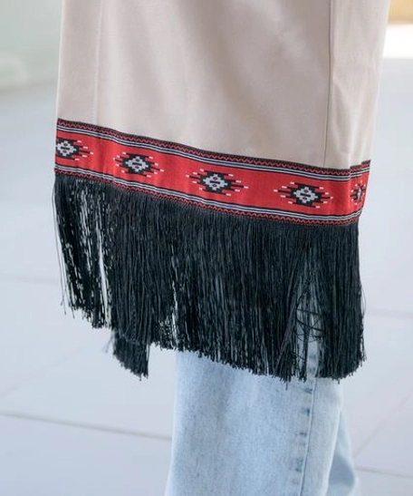 Long Beige Cardigan Decorated with Bedouin Details in Sadu Fabric and Black Fringes