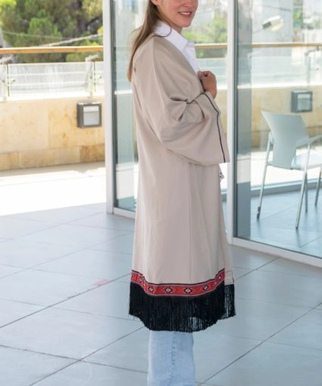 Long Beige Cardigan Decorated with Bedouin Details in Sadu Fabric and Black Fringes