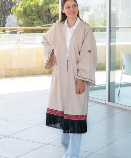 Long Beige Cardigan Decorated with Bedouin Details in Sadu Fabric and Black Fringes